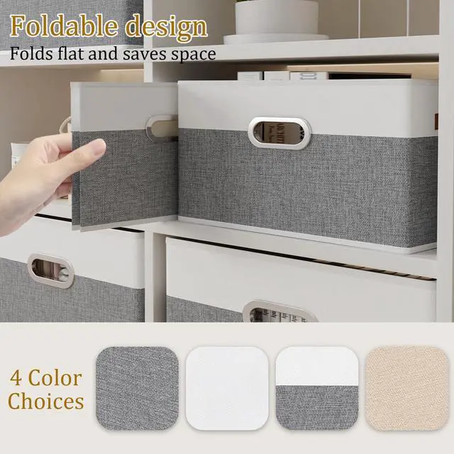 Alt view image 7 of 7 - Fabric Storage Baskets, Foldable Closet Organizer for Shelves, Large Boxes with 3 Handles, Canvas Bins for Clothes, White/Grey, 12.99''Lx9.05''Wx7.87''H, 4-Pack