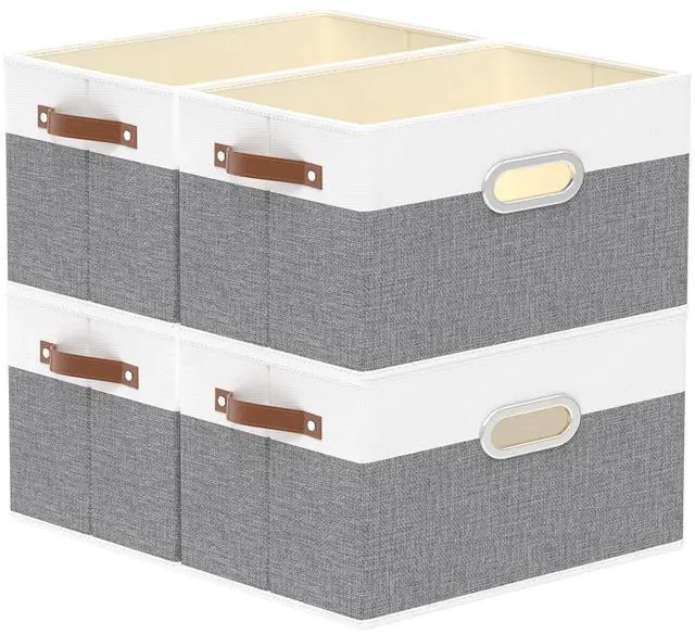 Main image of Fabric Storage Baskets, Foldable Closet Organizer for Shelves, Large Boxes with 3 Handles, Canvas Bins for Clothes, White/Grey, 12.99''Lx9.05''Wx7.87''H, 4-Pack