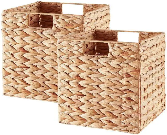Main image of Storage Basket, Set of 2 Hand-woven Water Hyacinth Storage Baskets, Foldable Wicker Storage Basket 9 Inch Cube Storage Bins for Shelves Organizer Square Shelf Baskets, 9''x9''x9''