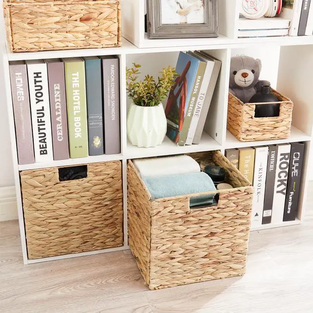 Alt view image 3 of 7 - Storage Basket, Set of 2 Hand-woven Water Hyacinth Storage Baskets, Foldable Wicker Storage Basket 9 Inch Cube Storage Bins for Shelves Organizer Square Shelf Baskets, 9''x9''x9''