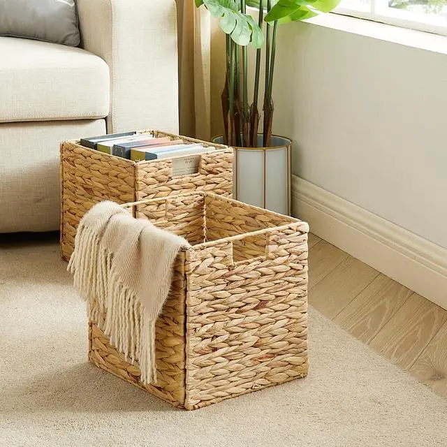 Alt view image 4 of 7 - Storage Basket, Set of 2 Hand-woven Water Hyacinth Storage Baskets, Foldable Wicker Storage Basket 9 Inch Cube Storage Bins for Shelves Organizer Square Shelf Baskets, 9''x9''x9''