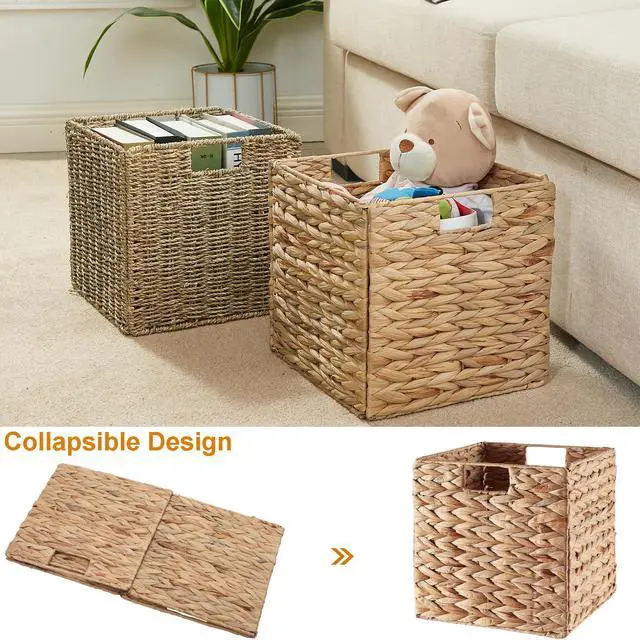 Alt view image 6 of 7 - Storage Basket, Set of 2 Hand-woven Water Hyacinth Storage Baskets, Foldable Wicker Storage Basket 9 Inch Cube Storage Bins for Shelves Organizer Square Shelf Baskets, 9''x9''x9''