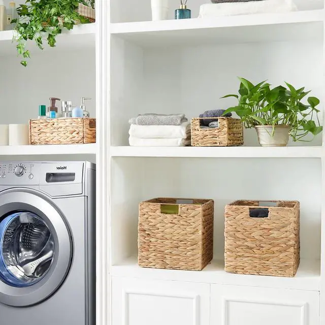 Alt view image 5 of 7 - Storage Basket, Set of 2 Hand-woven Water Hyacinth Storage Baskets, Foldable Wicker Storage Basket 9 Inch Cube Storage Bins for Shelves Organizer Square Shelf Baskets, 9''x9''x9''