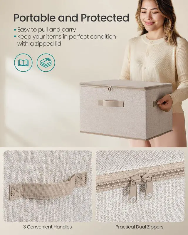 Alt view image 3 of 6 - Large Storage Bins with Lids, 31 Quart Fabric Closet Organizer With Zipper, 3 Pack Foldable Storage Boxes, 15.7 x 11.8 x 9.8 Inches, Summer Sand URZB003K01