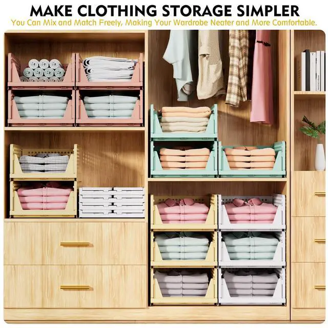 Alt view image 2 of 7 - 5 Pack Stackable Closet Storage Basket, Multifunctional & Foldable Closet Organizer for Bathroom Kitchen Laundry Room Wardrobe Storage, Space-Saving Clothes Storage Drawer Organizer, White