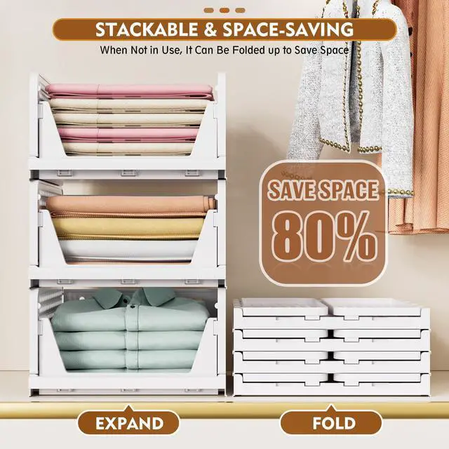 Alt view image 5 of 7 - 5 Pack Stackable Closet Storage Basket, Multifunctional & Foldable Closet Organizer for Bathroom Kitchen Laundry Room Wardrobe Storage, Space-Saving Clothes Storage Drawer Organizer, White