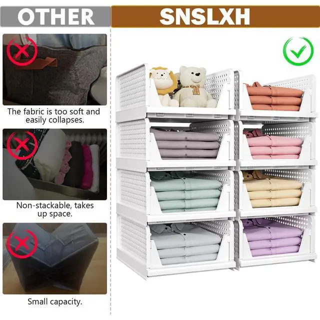 Alt view image 3 of 7 - 5 Pack Stackable Closet Storage Basket, Multifunctional & Foldable Closet Organizer for Bathroom Kitchen Laundry Room Wardrobe Storage, Space-Saving Clothes Storage Drawer Organizer, White