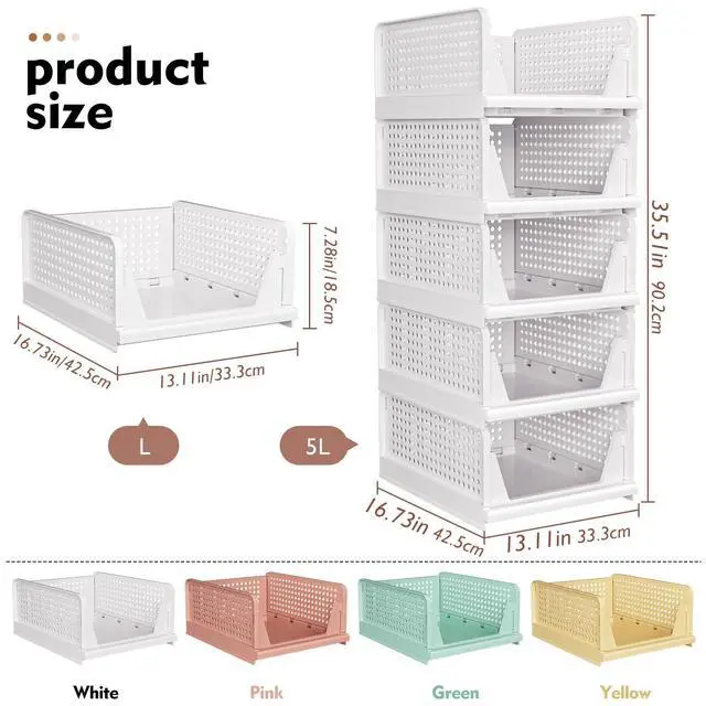 Alt view image 4 of 7 - 5 Pack Stackable Closet Storage Basket, Multifunctional & Foldable Closet Organizer for Bathroom Kitchen Laundry Room Wardrobe Storage, Space-Saving Clothes Storage Drawer Organizer, White