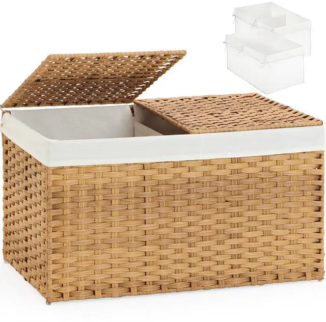 Main image of Storage Basket with Lid Rattan Woven Storage Baskets with 2 Separate Lids, 17.2 Gallon (65 L), 22 x 13 x 13.8 Inches,Foldable, 2 Removable Liner Bags Handles for Bedroom, Laundry Room Natural