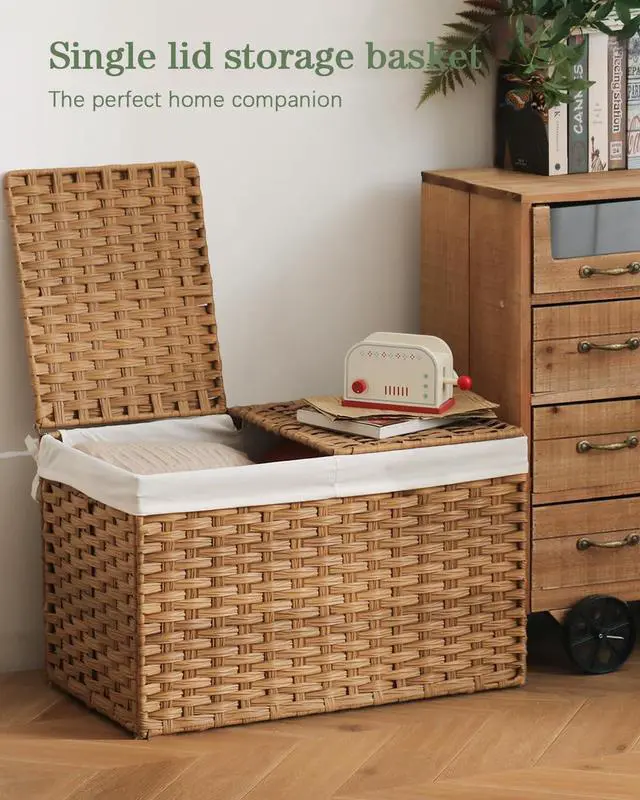 Alt view image 2 of 7 - Storage Basket with Lid Rattan Woven Storage Baskets with 2 Separate Lids, 17.2 Gallon (65 L), 22 x 13 x 13.8 Inches,Foldable, 2 Removable Liner Bags Handles for Bedroom, Laundry Room Natural