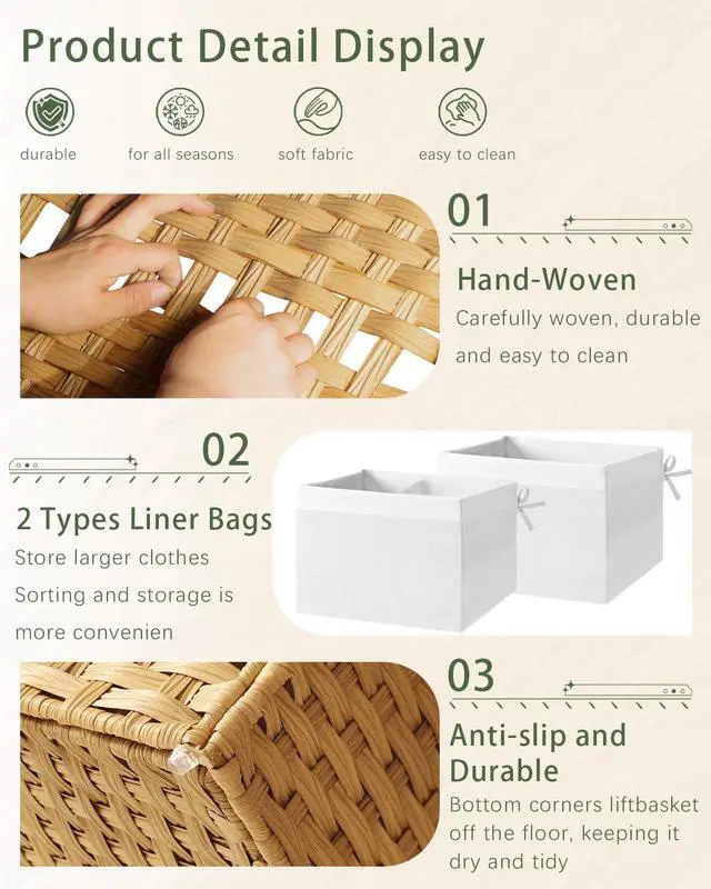 Alt view image 3 of 7 - Storage Basket with Lid Rattan Woven Storage Baskets with 2 Separate Lids, 17.2 Gallon (65 L), 22 x 13 x 13.8 Inches,Foldable, 2 Removable Liner Bags Handles for Bedroom, Laundry Room Natural
