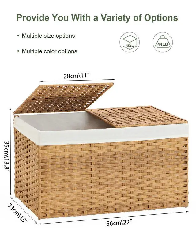 Alt view image 4 of 7 - Storage Basket with Lid Rattan Woven Storage Baskets with 2 Separate Lids, 17.2 Gallon (65 L), 22 x 13 x 13.8 Inches,Foldable, 2 Removable Liner Bags Handles for Bedroom, Laundry Room Natural