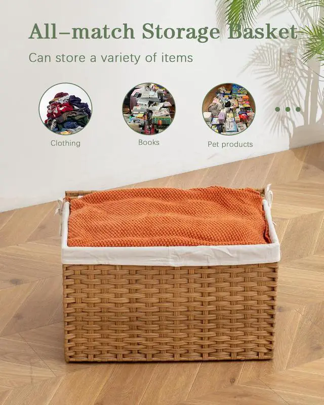 Alt view image 5 of 7 - Storage Basket with Lid Rattan Woven Storage Baskets with 2 Separate Lids, 17.2 Gallon (65 L), 22 x 13 x 13.8 Inches,Foldable, 2 Removable Liner Bags Handles for Bedroom, Laundry Room Natural
