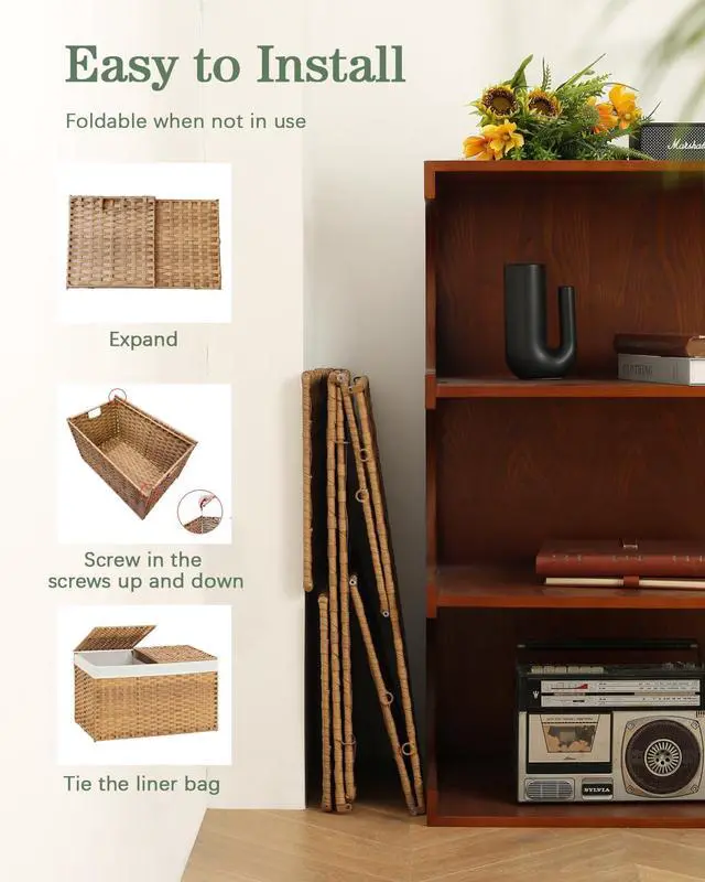 Alt view image 6 of 7 - Storage Basket with Lid Rattan Woven Storage Baskets with 2 Separate Lids, 17.2 Gallon (65 L), 22 x 13 x 13.8 Inches,Foldable, 2 Removable Liner Bags Handles for Bedroom, Laundry Room Natural