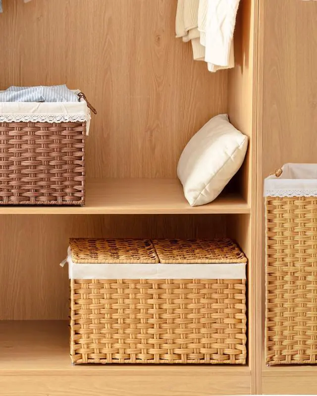 Alt view image 7 of 7 - Storage Basket with Lid Rattan Woven Storage Baskets with 2 Separate Lids, 17.2 Gallon (65 L), 22 x 13 x 13.8 Inches,Foldable, 2 Removable Liner Bags Handles for Bedroom, Laundry Room Natural