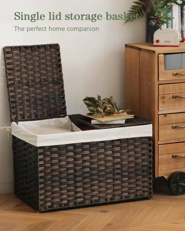 Alt view image 2 of 7 - Storage Basket with Lid Rattan Woven Storage Baskets with 2 Separate Lids, 17.2 Gallon (65 L), 22 x 13 x 13.8 Inches,Foldable, 2 Removable Liner Bags Handles for Bedroom, Laundry Room Brown