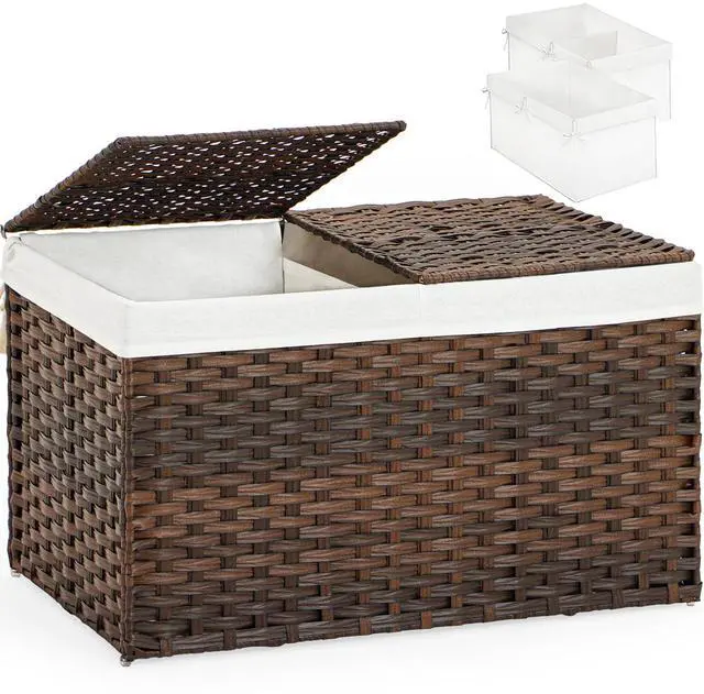 Main image of Storage Basket with Lid Rattan Woven Storage Baskets with 2 Separate Lids, 17.2 Gallon (65 L), 22 x 13 x 13.8 Inches,Foldable, 2 Removable Liner Bags Handles for Bedroom, Laundry Room Brown