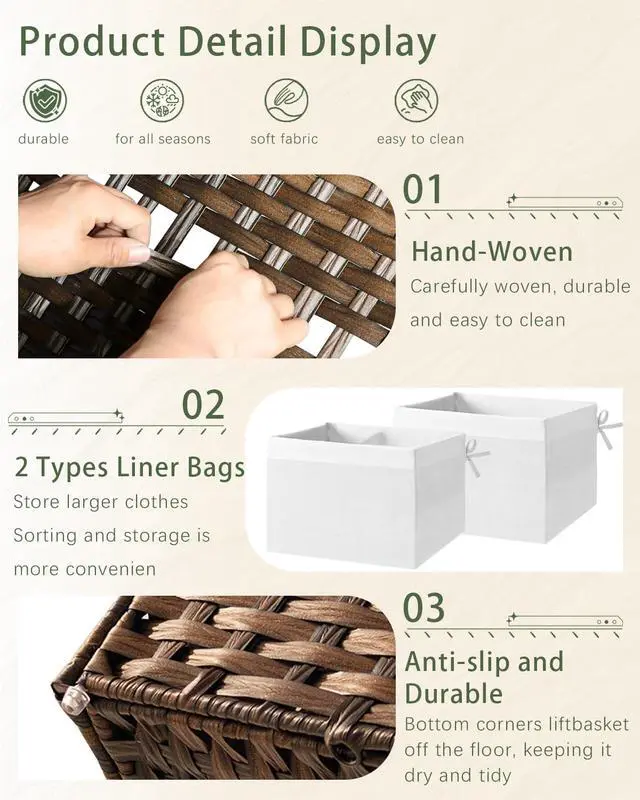 Alt view image 3 of 7 - Storage Basket with Lid Rattan Woven Storage Baskets with 2 Separate Lids, 17.2 Gallon (65 L), 22 x 13 x 13.8 Inches,Foldable, 2 Removable Liner Bags Handles for Bedroom, Laundry Room Brown