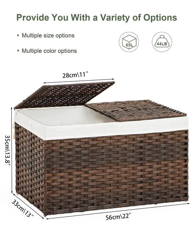 Alt view image 4 of 7 - Storage Basket with Lid Rattan Woven Storage Baskets with 2 Separate Lids, 17.2 Gallon (65 L), 22 x 13 x 13.8 Inches,Foldable, 2 Removable Liner Bags Handles for Bedroom, Laundry Room Brown