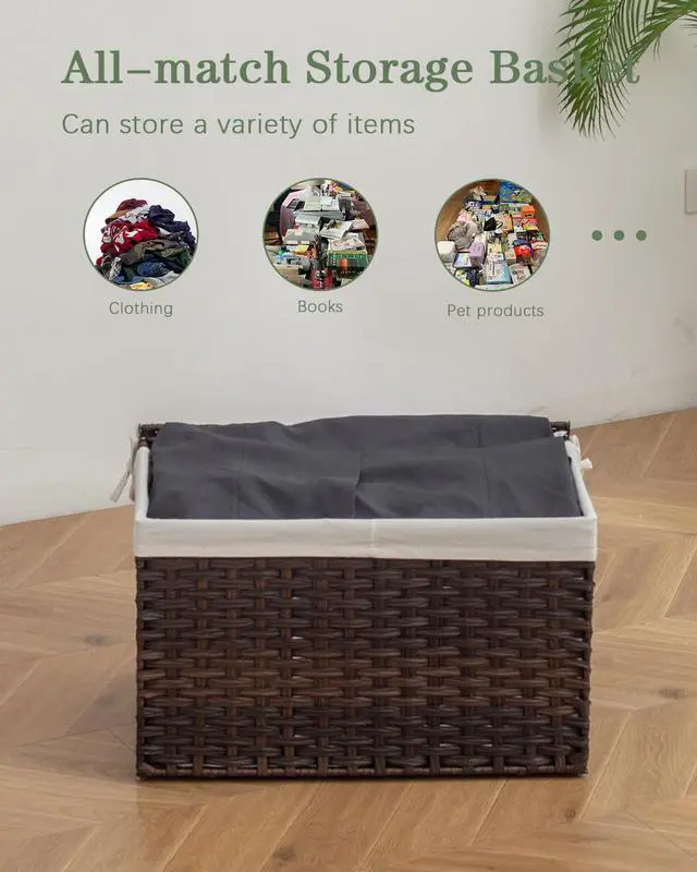 Alt view image 5 of 7 - Storage Basket with Lid Rattan Woven Storage Baskets with 2 Separate Lids, 17.2 Gallon (65 L), 22 x 13 x 13.8 Inches,Foldable, 2 Removable Liner Bags Handles for Bedroom, Laundry Room Brown