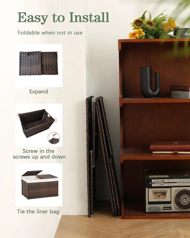 Alt view image 6 of 7 - Storage Basket with Lid Rattan Woven Storage Baskets with 2 Separate Lids, 17.2 Gallon (65 L), 22 x 13 x 13.8 Inches,Foldable, 2 Removable Liner Bags Handles for Bedroom, Laundry Room Brown