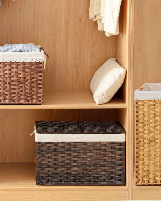 Alt view image 7 of 7 - Storage Basket with Lid Rattan Woven Storage Baskets with 2 Separate Lids, 17.2 Gallon (65 L), 22 x 13 x 13.8 Inches,Foldable, 2 Removable Liner Bags Handles for Bedroom, Laundry Room Brown