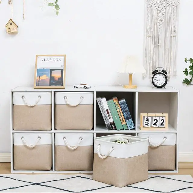 Alt view image 2 of 6 - 11 x 11 Inch Cube Storage Bins, 6 Pack Large Collapsible Fabric Storage Bin with Ropes, Foldable Storage Cubes for Home, Office,Closet, Clothes, Toys Organizer (White & Beige-11"x11"x11")
