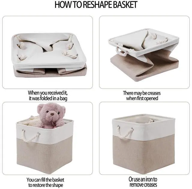 Alt view image 4 of 6 - 11 x 11 Inch Cube Storage Bins, 6 Pack Large Collapsible Fabric Storage Bin with Ropes, Foldable Storage Cubes for Home, Office,Closet, Clothes, Toys Organizer (White & Beige-11"x11"x11")