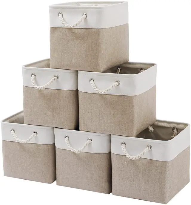 Main image of 11 x 11 Inch Cube Storage Bins, 6 Pack Large Collapsible Fabric Storage Bin with Ropes, Foldable Storage Cubes for Home, Office,Closet, Clothes, Toys Organizer (White & Beige-11"x11"x11")