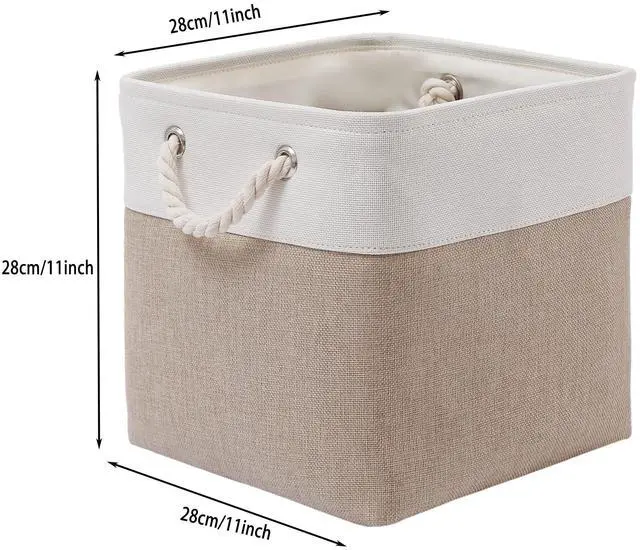 Alt view image 5 of 6 - 11 x 11 Inch Cube Storage Bins, 6 Pack Large Collapsible Fabric Storage Bin with Ropes, Foldable Storage Cubes for Home, Office,Closet, Clothes, Toys Organizer (White & Beige-11"x11"x11")