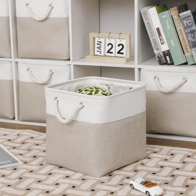 Alt view image 3 of 6 - 11 x 11 Inch Cube Storage Bins, 6 Pack Large Collapsible Fabric Storage Bin with Ropes, Foldable Storage Cubes for Home, Office,Closet, Clothes, Toys Organizer (White & Beige-11"x11"x11")
