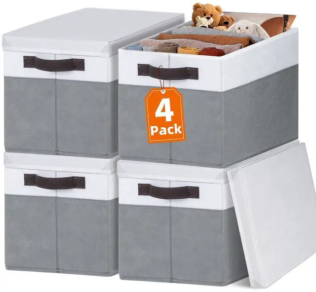 Main image of Large Closet Storage Baskets Bins with Lids 4 Pack, Storage Baskets for Organizing Shelves Nursery Bedroom, Home Dorm Closet Organizers Cubes for Clothes Toys Blanket Book - Stackable -14x10x9.5