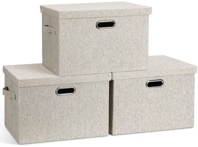 Main image of Large Quart Collapsible Stackable Storage Bins with Lids, 3 Packs Beige Linen Fabric Closet Boxes with Lids, Storage Cube Baskets Container Organizers for Bedroom Office(16.6 x 11.7 x 10.8)