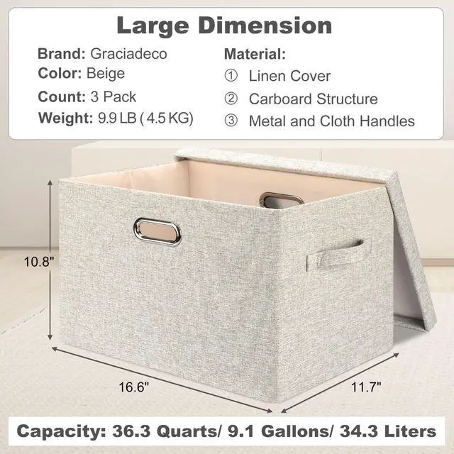 Alt view image 2 of 6 - Large Quart Collapsible Stackable Storage Bins with Lids, 3 Packs Beige Linen Fabric Closet Boxes with Lids, Storage Cube Baskets Container Organizers for Bedroom Office(16.6 x 11.7 x 10.8)