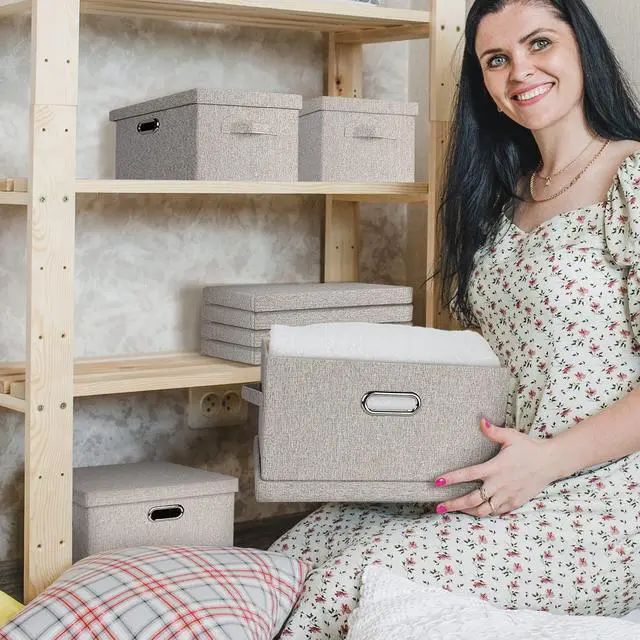 Alt view image 4 of 6 - Large Quart Collapsible Stackable Storage Bins with Lids, 3 Packs Beige Linen Fabric Closet Boxes with Lids, Storage Cube Baskets Container Organizers for Bedroom Office(16.6 x 11.7 x 10.8)