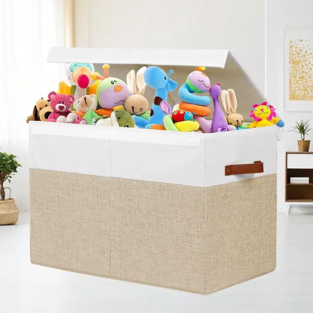 Alt view image 2 of 7 - Large Toy Storage Box with Lid, Toy Chest Bin Boxes Basket with Dividers | Sturdy Toy Organizer Bin for Kids, Boys, Girls, Nursery, Living Room, Bedroom, Playroom 25"x13" x16" (Beige and White)