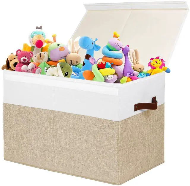 Main image of Large Toy Storage Box with Lid, Toy Chest Bin Boxes Basket with Dividers | Sturdy Toy Organizer Bin for Kids, Boys, Girls, Nursery, Living Room, Bedroom, Playroom 25"x13" x16" (Beige and White)