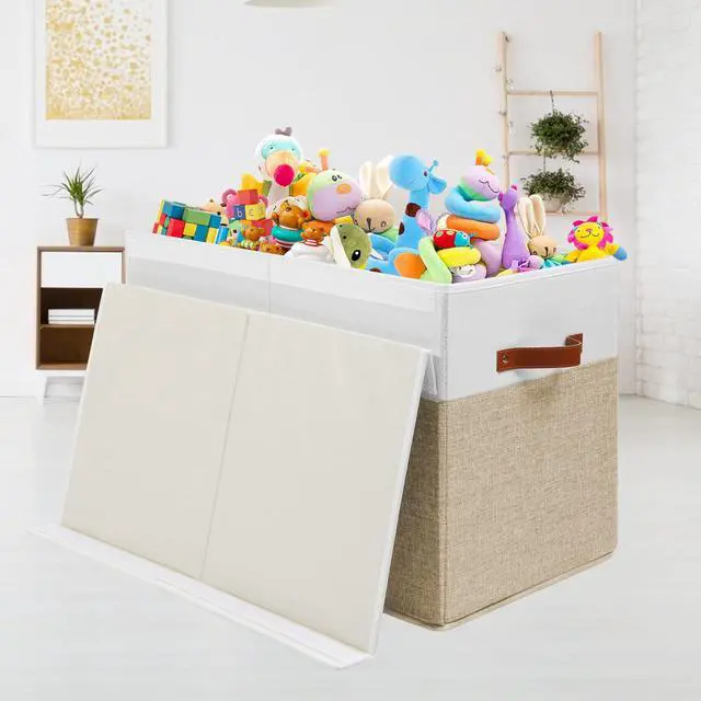 Alt view image 4 of 7 - Large Toy Storage Box with Lid, Toy Chest Bin Boxes Basket with Dividers | Sturdy Toy Organizer Bin for Kids, Boys, Girls, Nursery, Living Room, Bedroom, Playroom 25"x13" x16" (Beige and White)