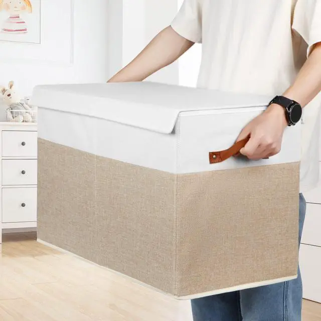 Alt view image 6 of 7 - Large Toy Storage Box with Lid, Toy Chest Bin Boxes Basket with Dividers | Sturdy Toy Organizer Bin for Kids, Boys, Girls, Nursery, Living Room, Bedroom, Playroom 25"x13" x16" (Beige and White)