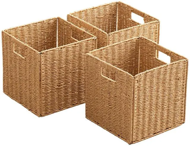 Main image of Foldable Storage Baskets with Handles Paper Rope Storage Baskets Rectangle Collapsible Hand Woven Storage Cubes Bins for Organizing Shelves Living Room Bedroom Pantry (3, 11'' x 11'' x 11'')