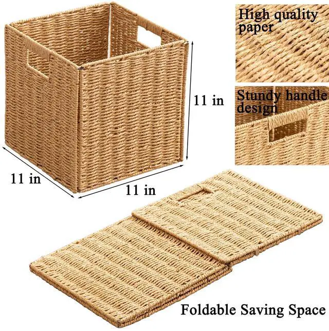 Alt view image 2 of 7 - Foldable Storage Baskets with Handles Paper Rope Storage Baskets Rectangle Collapsible Hand Woven Storage Cubes Bins for Organizing Shelves Living Room Bedroom Pantry (3, 11'' x 11'' x 11'')
