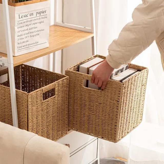 Alt view image 5 of 7 - Foldable Storage Baskets with Handles Paper Rope Storage Baskets Rectangle Collapsible Hand Woven Storage Cubes Bins for Organizing Shelves Living Room Bedroom Pantry (3, 11'' x 11'' x 11'')