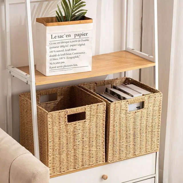 Alt view image 4 of 7 - Foldable Storage Baskets with Handles Paper Rope Storage Baskets Rectangle Collapsible Hand Woven Storage Cubes Bins for Organizing Shelves Living Room Bedroom Pantry (3, 11'' x 11'' x 11'')
