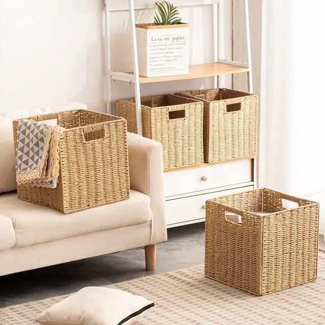 Alt view image 3 of 7 - Foldable Storage Baskets with Handles Paper Rope Storage Baskets Rectangle Collapsible Hand Woven Storage Cubes Bins for Organizing Shelves Living Room Bedroom Pantry (3, 11'' x 11'' x 11'')