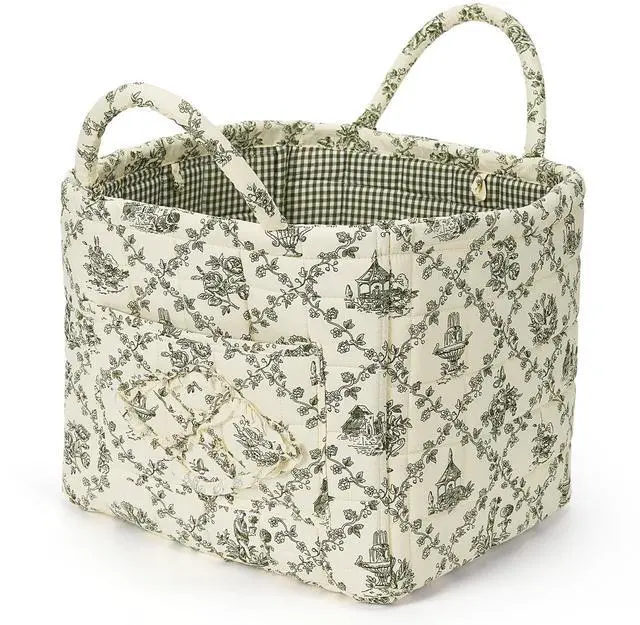 Main image of Floral Fabric Storage Basket Car Interior Storage Basket Underwear Sundries Laundry Baskets Supplies Home Organizer Bag (Green)