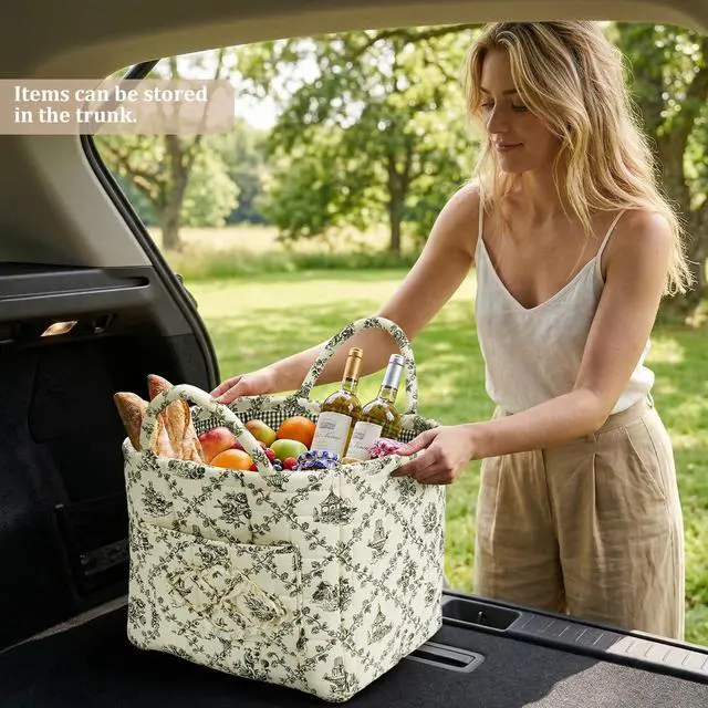 Alt view image 2 of 7 - Floral Fabric Storage Basket Car Interior Storage Basket Underwear Sundries Laundry Baskets Supplies Home Organizer Bag (Green)