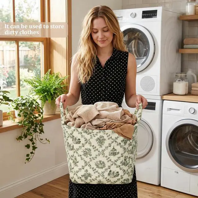Alt view image 4 of 7 - Floral Fabric Storage Basket Car Interior Storage Basket Underwear Sundries Laundry Baskets Supplies Home Organizer Bag (Green)