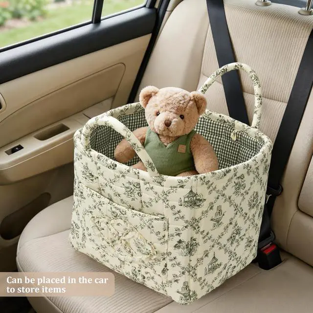 Alt view image 3 of 7 - Floral Fabric Storage Basket Car Interior Storage Basket Underwear Sundries Laundry Baskets Supplies Home Organizer Bag (Green)