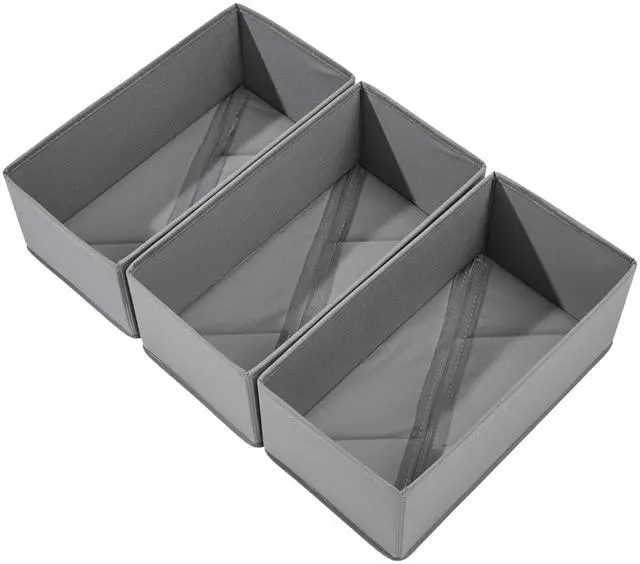 Main image of Sock Drawer Organizer 3 Pack - Collapsible Fabric Storage Bins for Underwear Divider, Small Closet Organizers with 3 Compartments, Gray