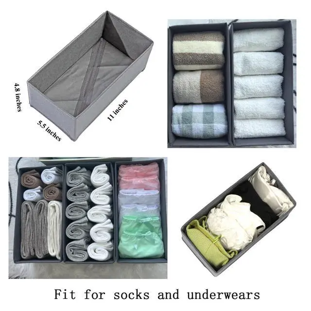 Alt view image 4 of 7 - Sock Drawer Organizer 3 Pack - Collapsible Fabric Storage Bins for Underwear Divider, Small Closet Organizers with 3 Compartments, Gray